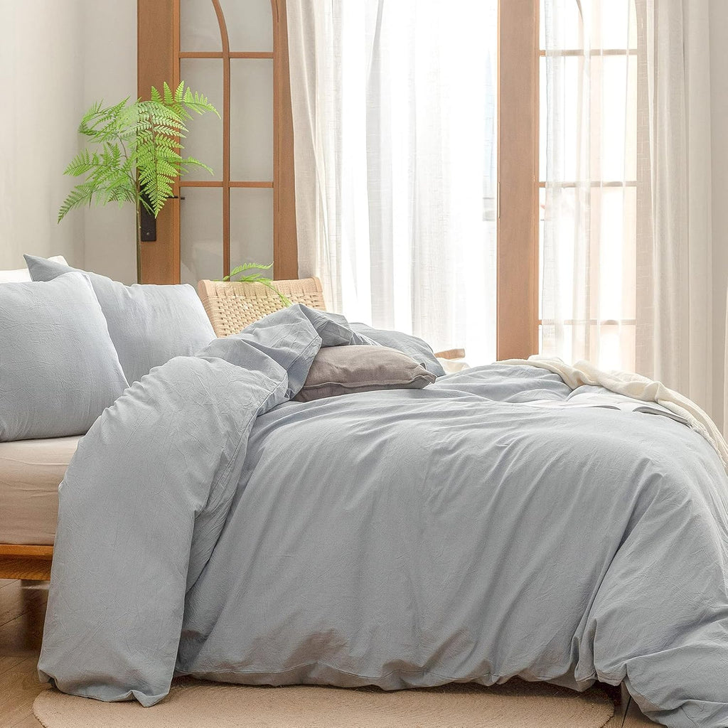 Cotton Solid Duvet Cover Set Linen Feel Cornflower Blue Queen - Set of 3