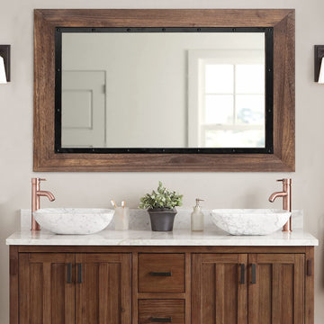 Rustic Wooden Framed Wall Mirror, Natural Wood and Iron Bathroom Vanity Mirror for Farmhouse Decor, Vertical or
