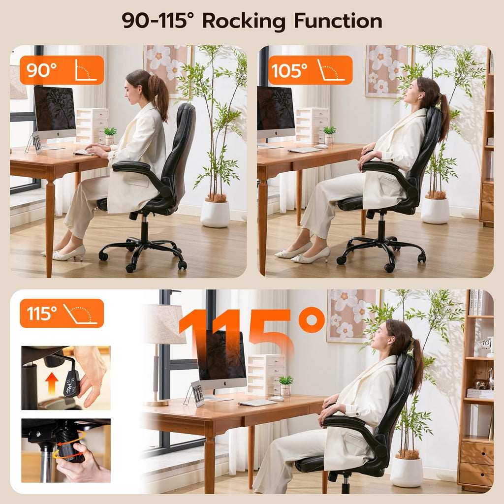 Office Desk Chair, Ergonomic Computer Chair with Padded Flip-Up Arms and Adjustable Lumbar Support, PU Leather