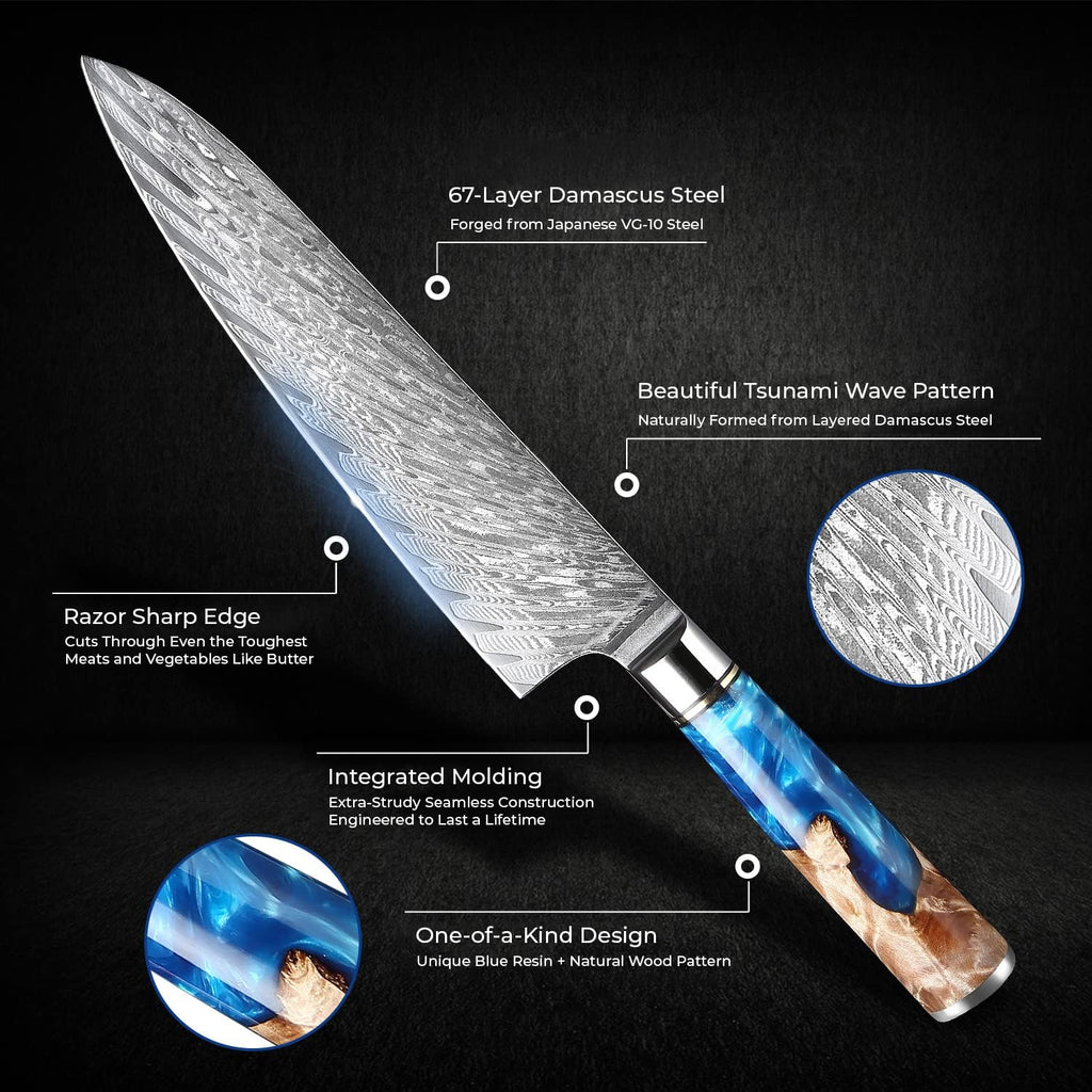 7-Piece Damascus Kitchen Knife Set - Tsunami Collection - 67-Layer Japanese VG10 Steel - Chef's Knife, Cleaver