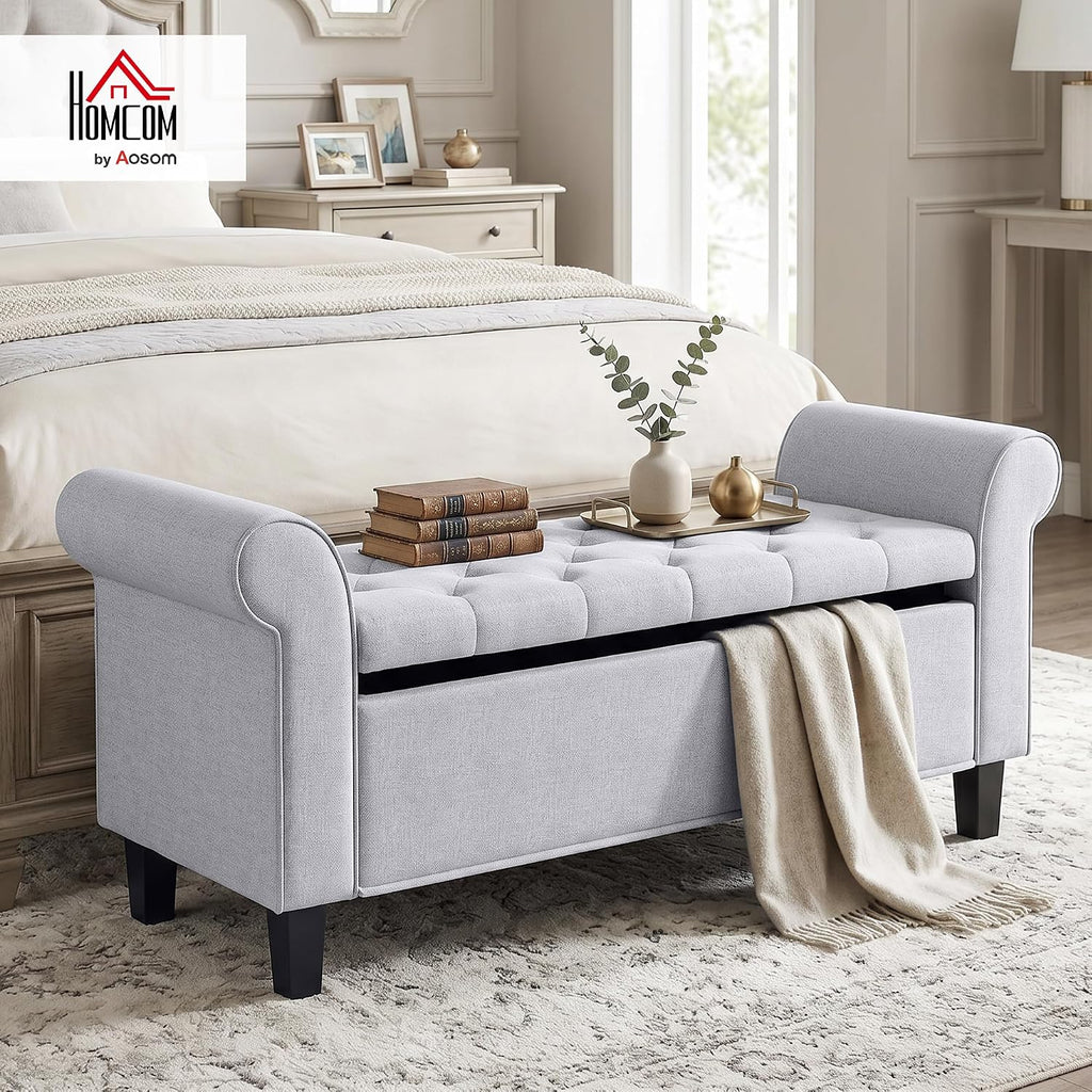 47" Ottoman wih Storage End of Bed Bench with Rolled Arms Light Gray | Storage Chest, Safety Hinge, Wooden Legs