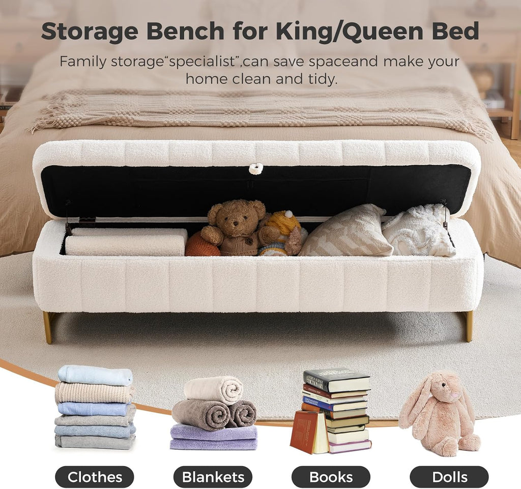 Storage Bench ,63" End of Bed Bench Foot of Bed King Cream White | Upholstered Storage Benches for Foot of Bed Modern