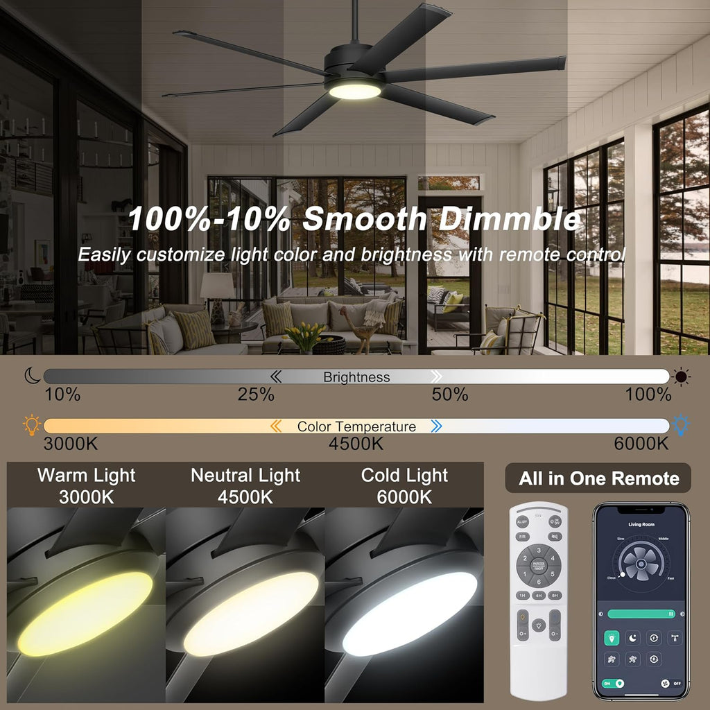 60" Industrial Ceiling Fan with Lights - Remote & APP Control, Dimmable, DC Motor, Outdoor Fan with Aluminum Blades