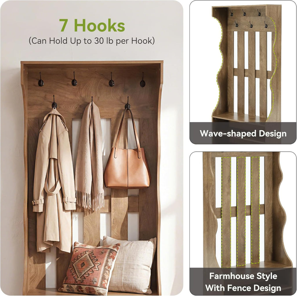 3-In-1 Coat Rack with Shoe Bench, 70.9" Tall Hall Tree with 7 Hooks, Farmhouse Entryway Coat Rack with 2 Tier Shoe
