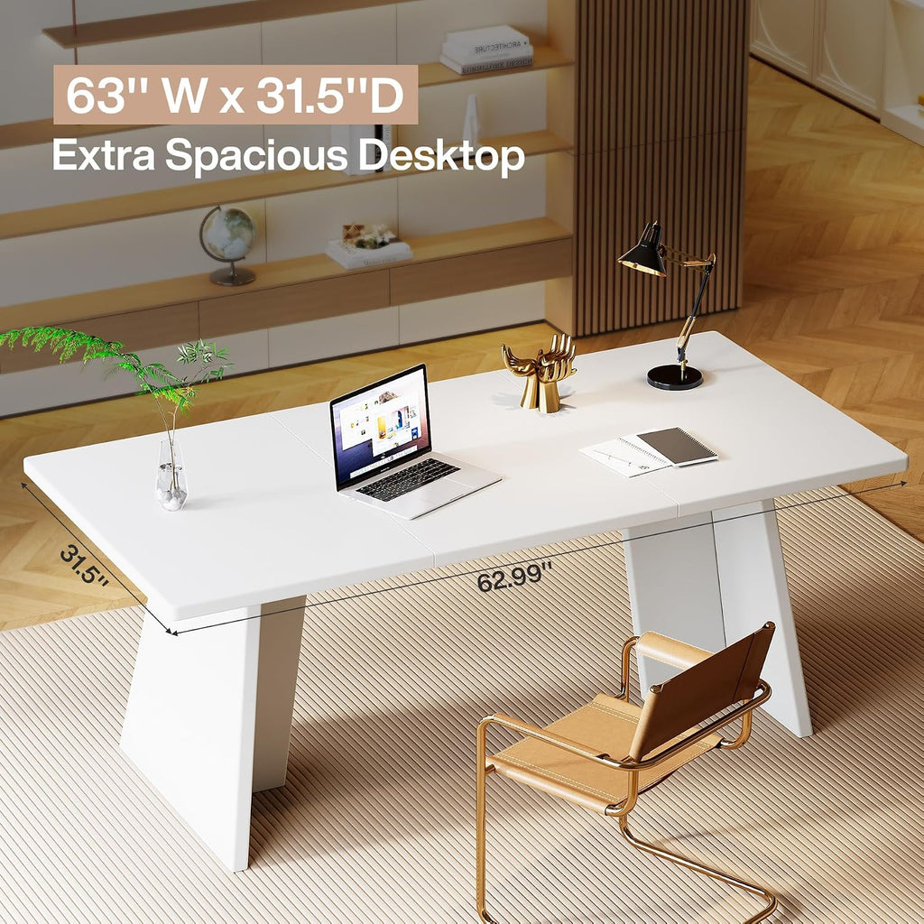 White Executive Desk, 63" Large Office Computer Conference Meeting Table with Wooden Robust Pedestal