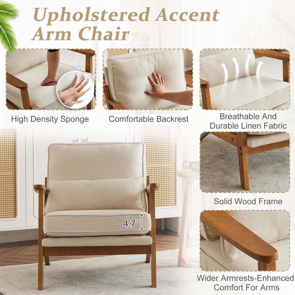 Solid Wood Wide Armrests Accent Chair,Upholstered Mid Century Modern Chair with Pillow,Comfy Reading Chair Farmhouse