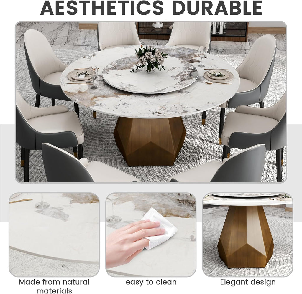 59" Modern Artificial Marble Round Dining Table with Antique Brass Metal Base & 31.5" White Sintered Stone Turntable