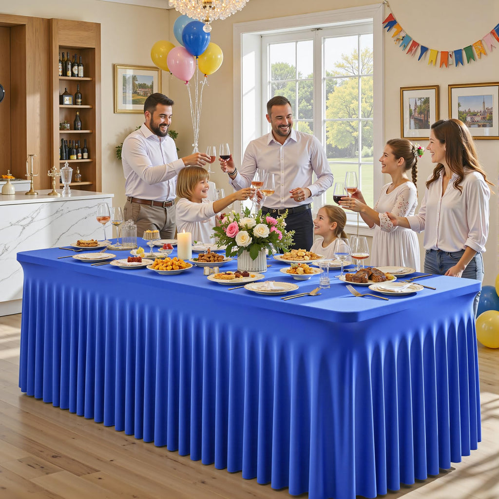 2 Packs Royal Blue Tableclothes for 8 Foot Rectangle Table, Wrinkle Free Spandex Tablecovers 8FT Stretch Fitted Table