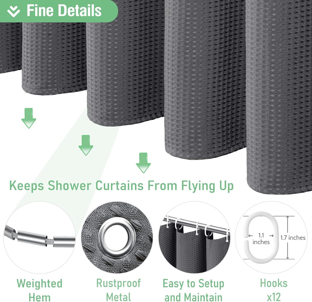 Waffle Shower Curtain 256GSM Heavy Duty Fabric 72x72 Charcoal Grey | Thick Polyester Cloth, Weighted Hem, Water