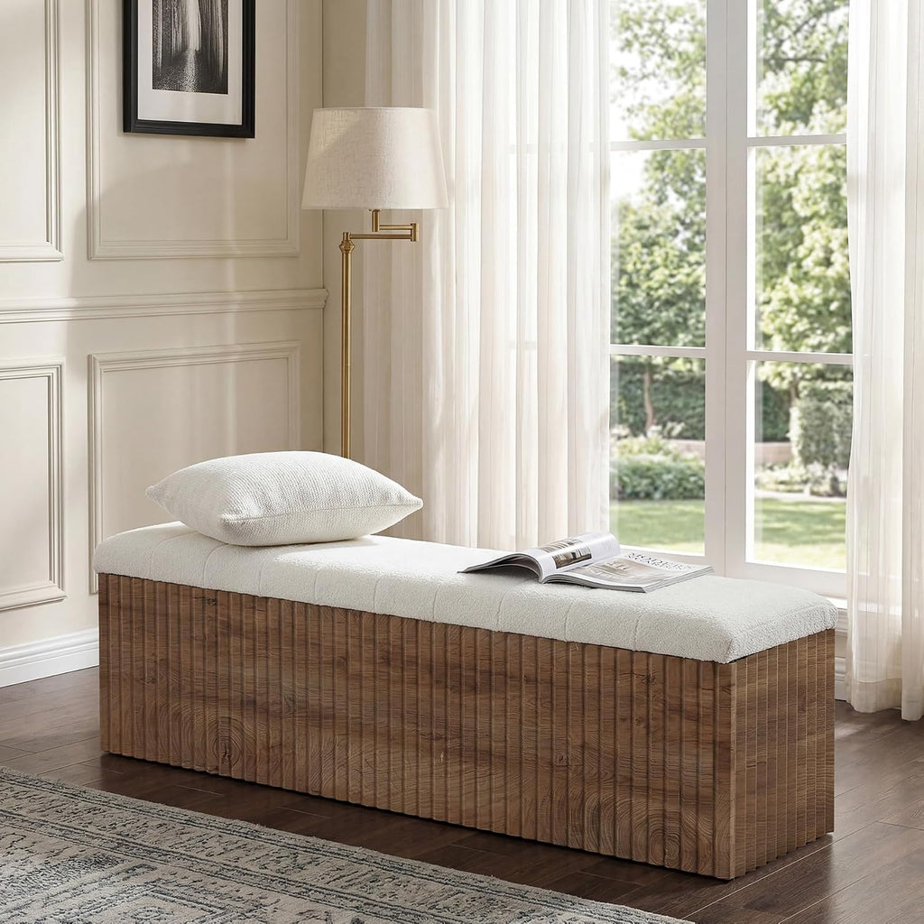 Upholstered End of Bed Storage Bench, 63" Farmhouse Wooden Entryway Bench with Cushion, Padded Ottoman with Shoe
