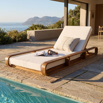 Pyke Patio Chaise Lounge Chair Outdoor with 4-Thick Cushion, Acacia Wood Poolside Sun Lounger with Curved Frame
