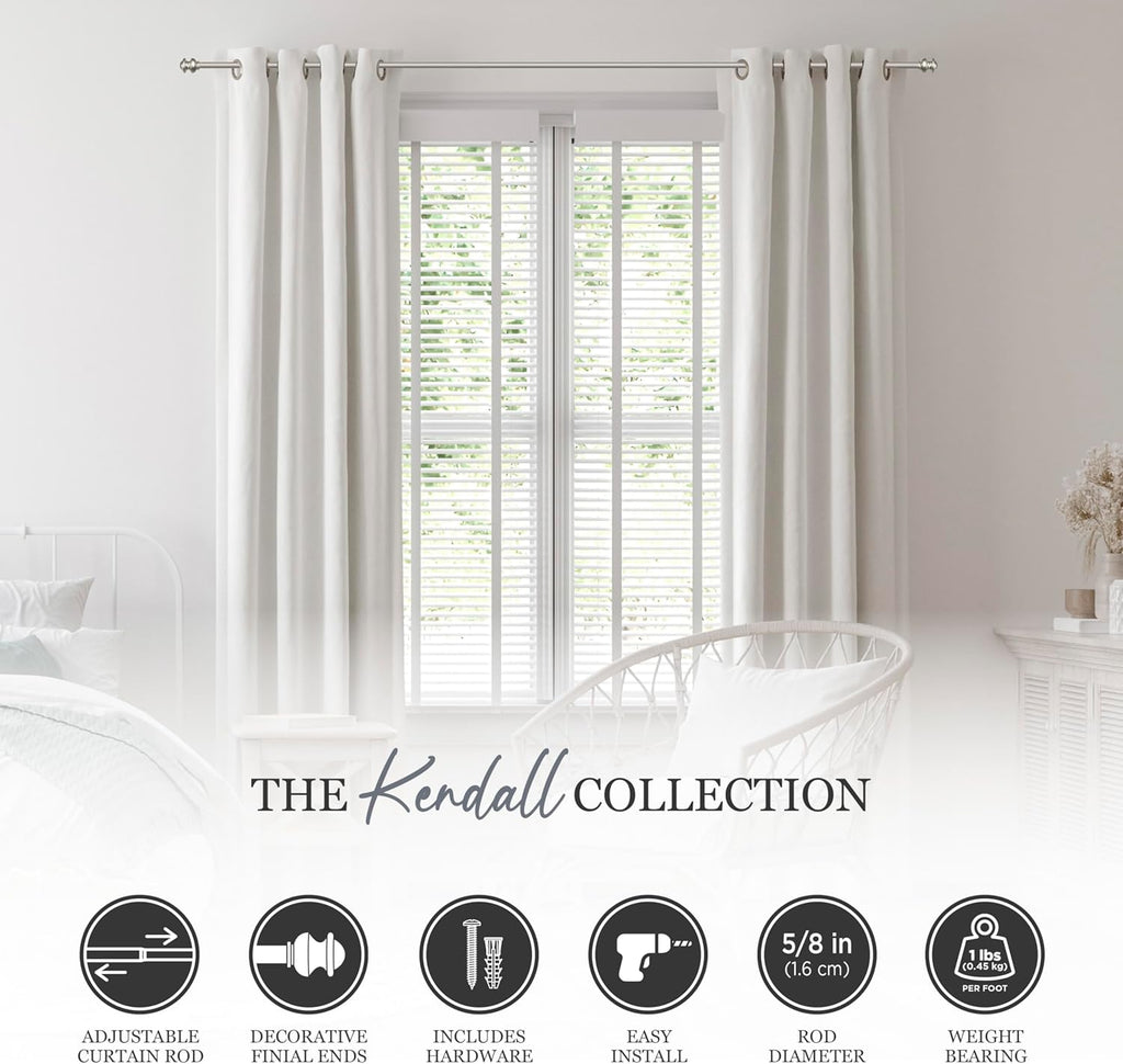 Kendall Standard Decorative Window Curtain Rod, KN71716, 28-48" (71cm-122cm), 5/8" (15.8mm) diameter, Brushed Nickel