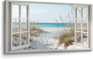 Window Beach Wall Art Prints: Modern Large Tropical Coastal Landscape Canvas Bedroom Blue Ocean Picture Relaxing