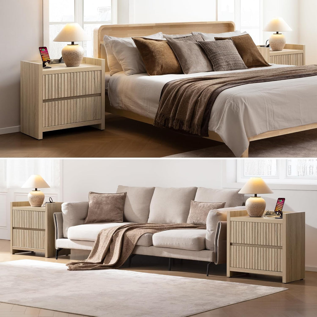 Night Stands Set of 2-Fluted Nightstands with Charging Station- Large Nightstand Bedside Table End Table with 2