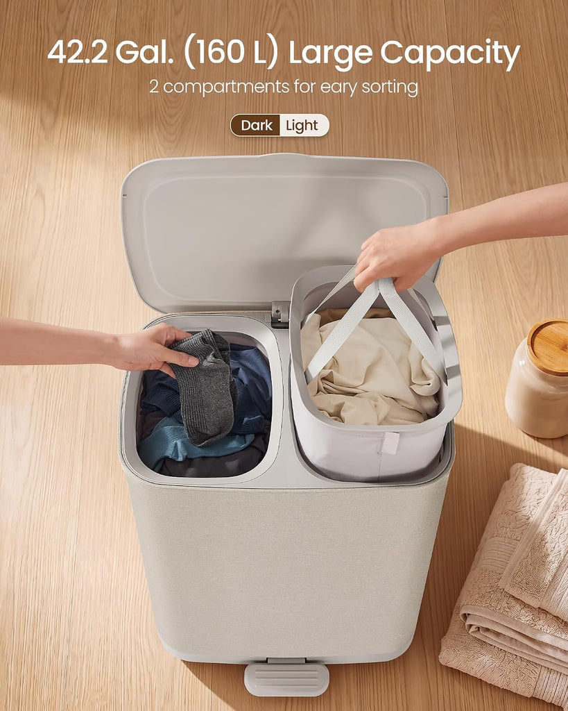 Laundry Basket with Lid, 42.2 Gallons, 2-Compartment Laundry Hamper with Handle and Pedal, Removable Liner, Easy