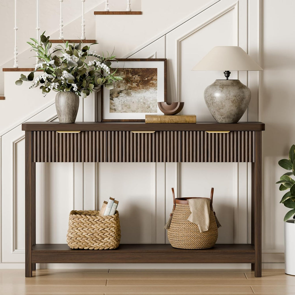 Fluted Console Table, 51 Inch Entryway Table with 3 Drawers | Scandi farmhouse look with quiet full-extension slides