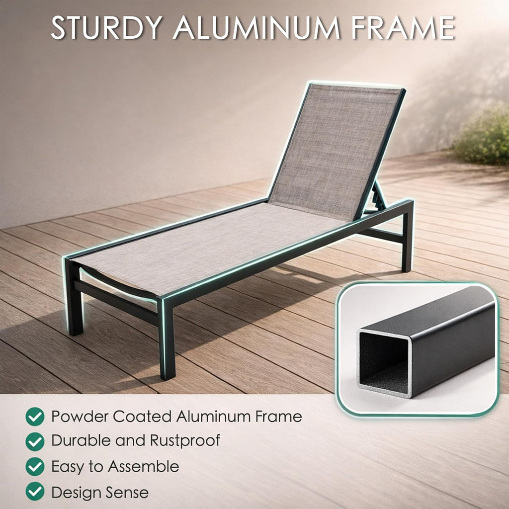 Outdoor Chaise Lounge, Powder-Coated Aluminum Frame | Textilene Fabric, Adjustable Reclining Patio Lounger (Beige)