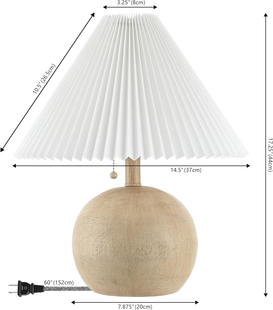 17.25" Beige Wood Finish/White Sphere Table Lamp, Mid-Century Bedside Nightstand with Beige Pleated Linen Shade