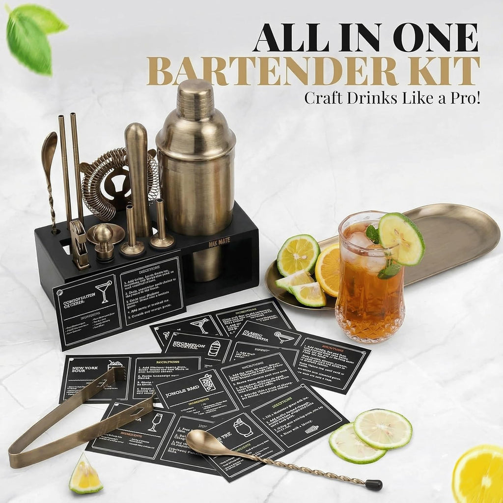 Brushed Brass Mixology Kit - Bar Tool Set, Silver Bar Set Cocktail Shaker Set for Drink Mixing - Includes - Set of 15