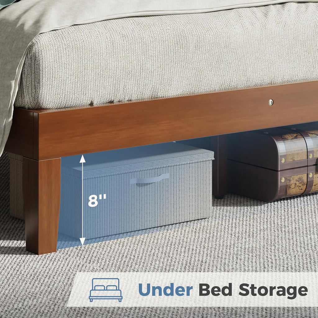 Solid Wood Bed Frame, Queen Platform Bed Frame with Headboard, Sturdy Wood Slat Support, Heavy Duty, No Box Spring