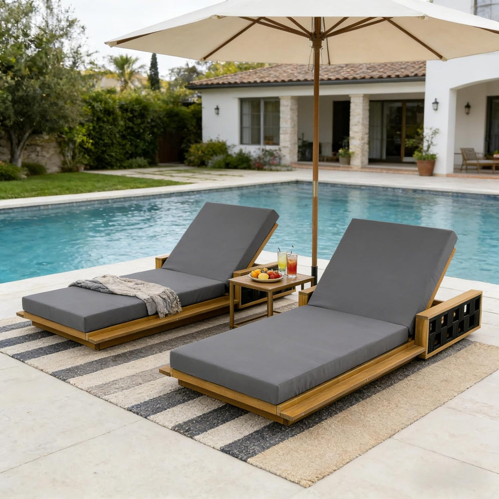 Acacia Wood Chaise Lounge with Dark Gray Cushion, 4" Thick Cushion, 300 lbs, Patio, Poolside, Garden, Indoor Use