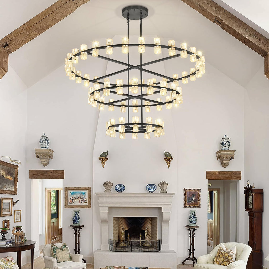 Inspired Arcachon Style 3-Tier Round Wagon Wheel Chandelier, 24" + 40" + 59" 124-Light Black — Grand Foyer & High Ceilings