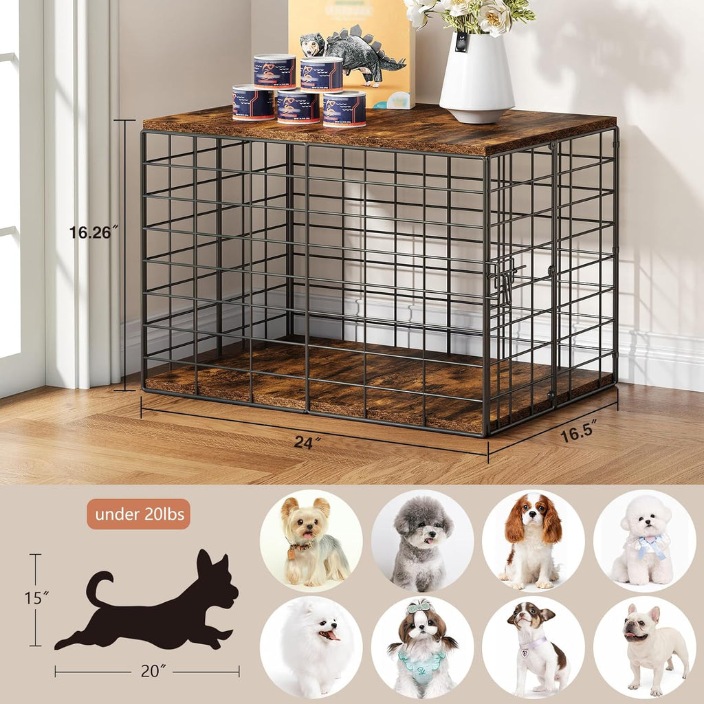 24 Inch Small Dog Crate Furniture - All-Season Indoor Dog Kennel with Wooden Top & Thickened Metal Wire