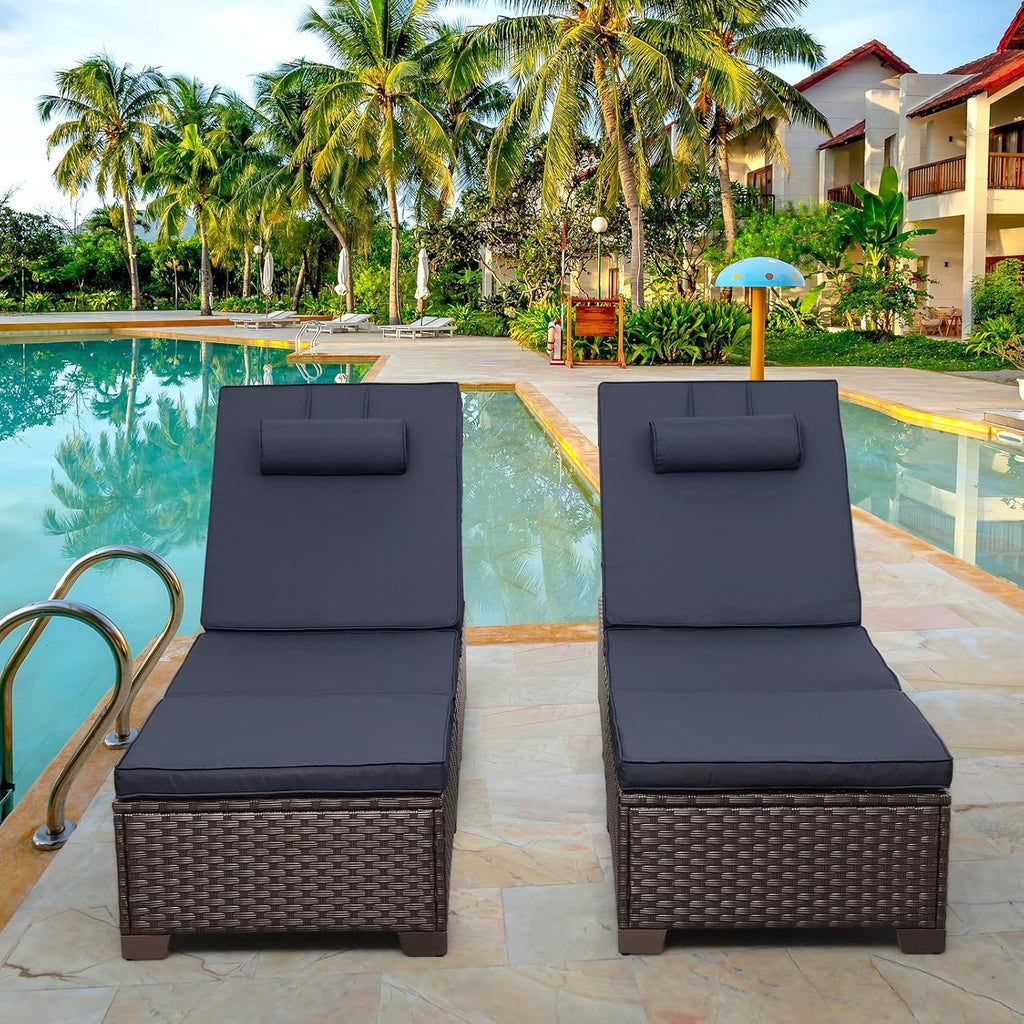 Outdoor Chaise Lounge Set of 2 Brown Wicker Patio Chaise Lounge Chairs Pool Lounge Chairs Multi-Angle Adjustable