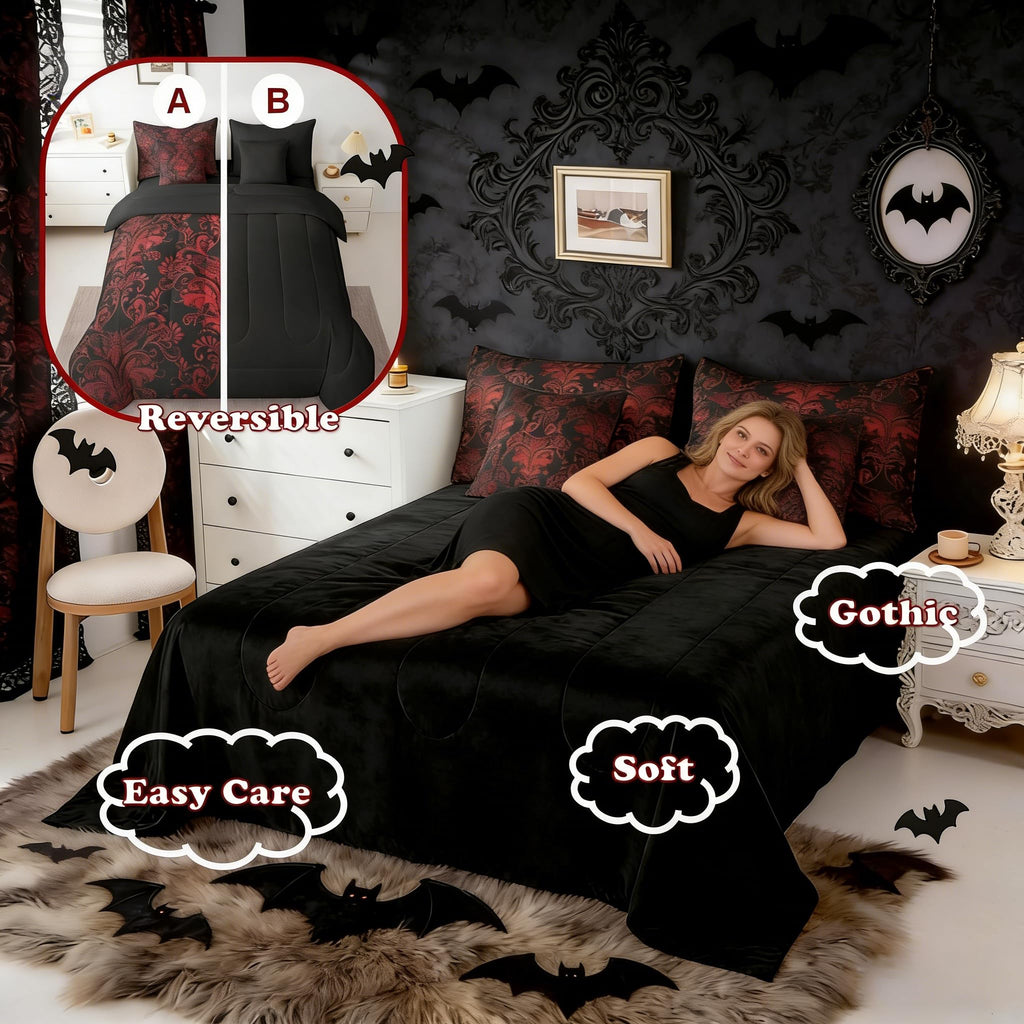 Gothic Damask Bed in a Bag Queen Comforter Set 7 Piece, Exotic Moth Bedding Sets Red Black Victorian Floral Goth Sheet