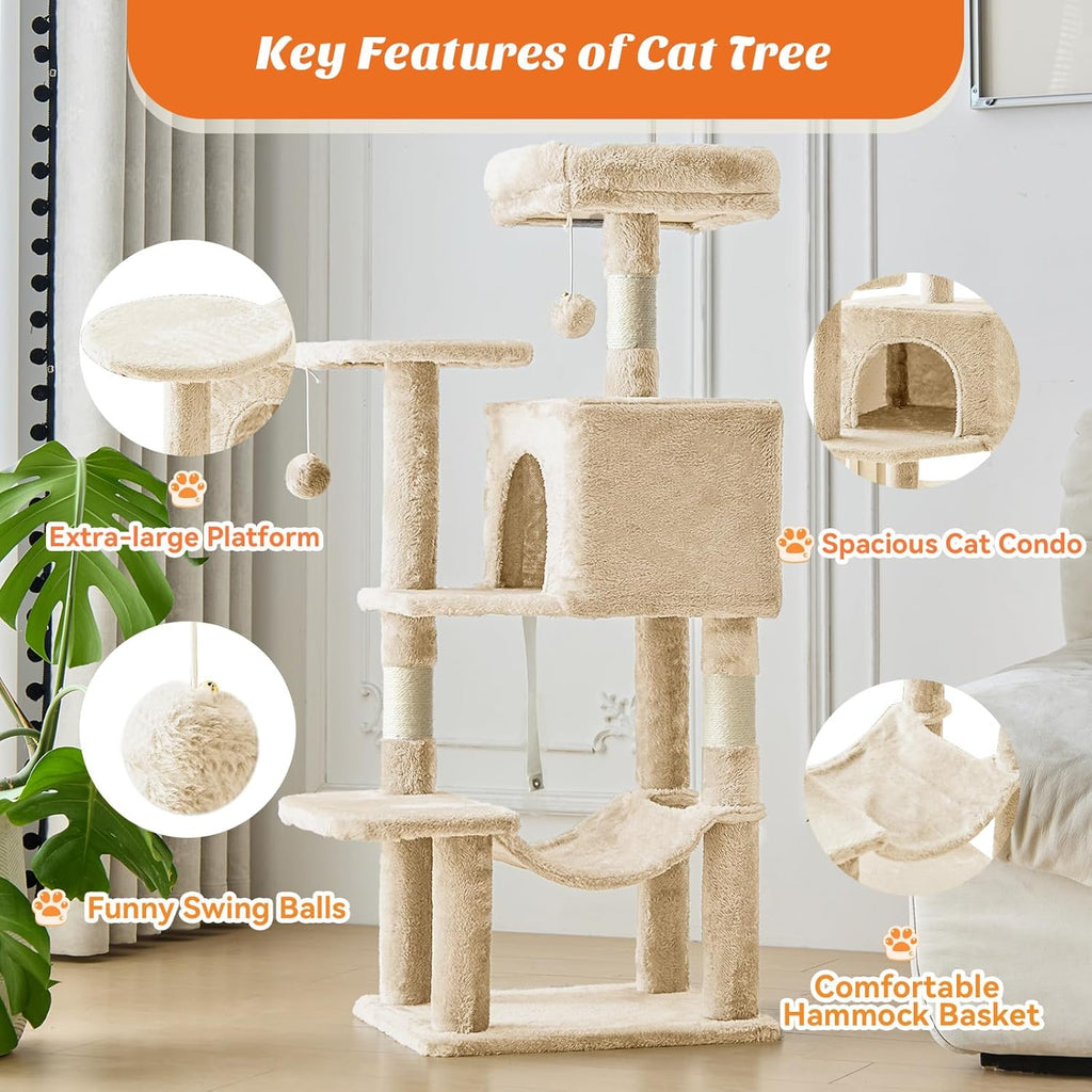 44 Inch Cat Tree Tower, Cat Climbing Tower with Natural Sisal Scratching Posts, Hammock