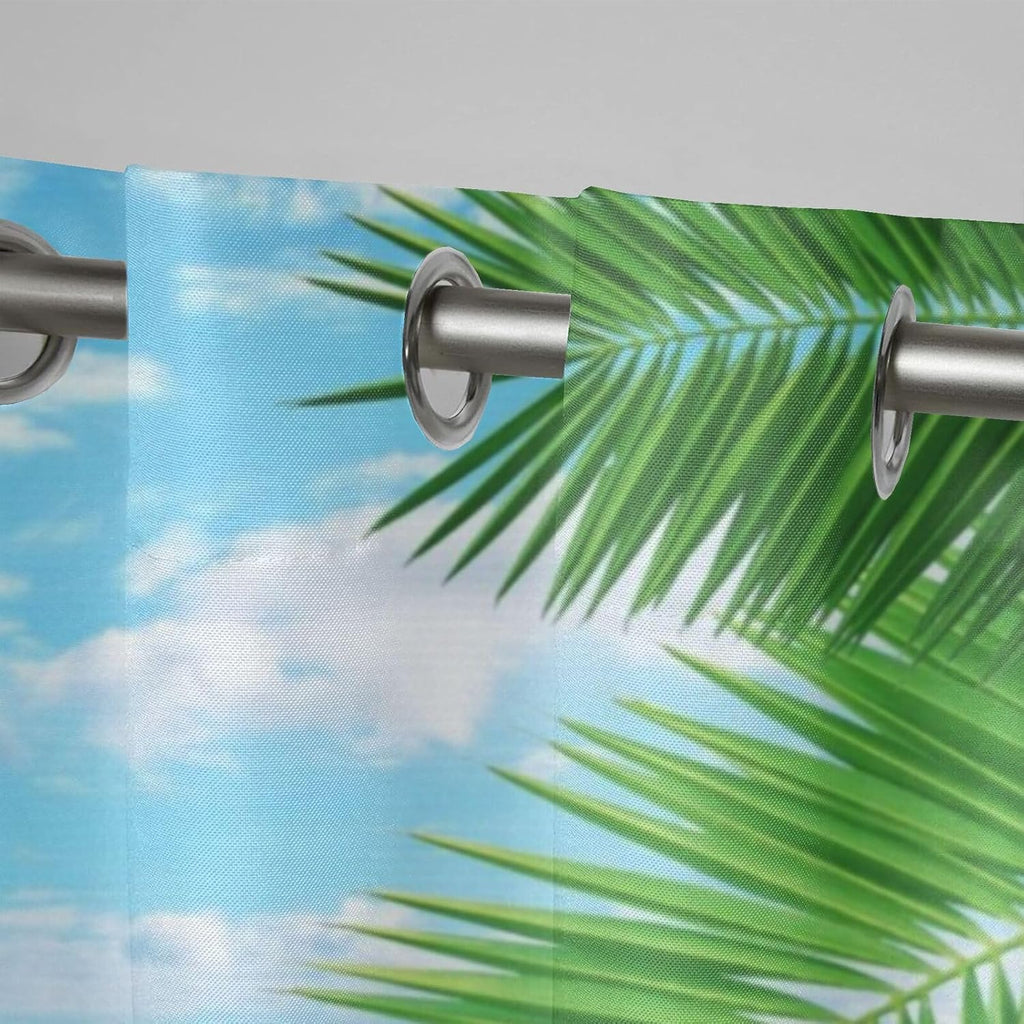 Tropical summer beach Waterproof Outdoor Curtains,palm leaves waves blue sky Print,Privacy Weatherproof Grommet