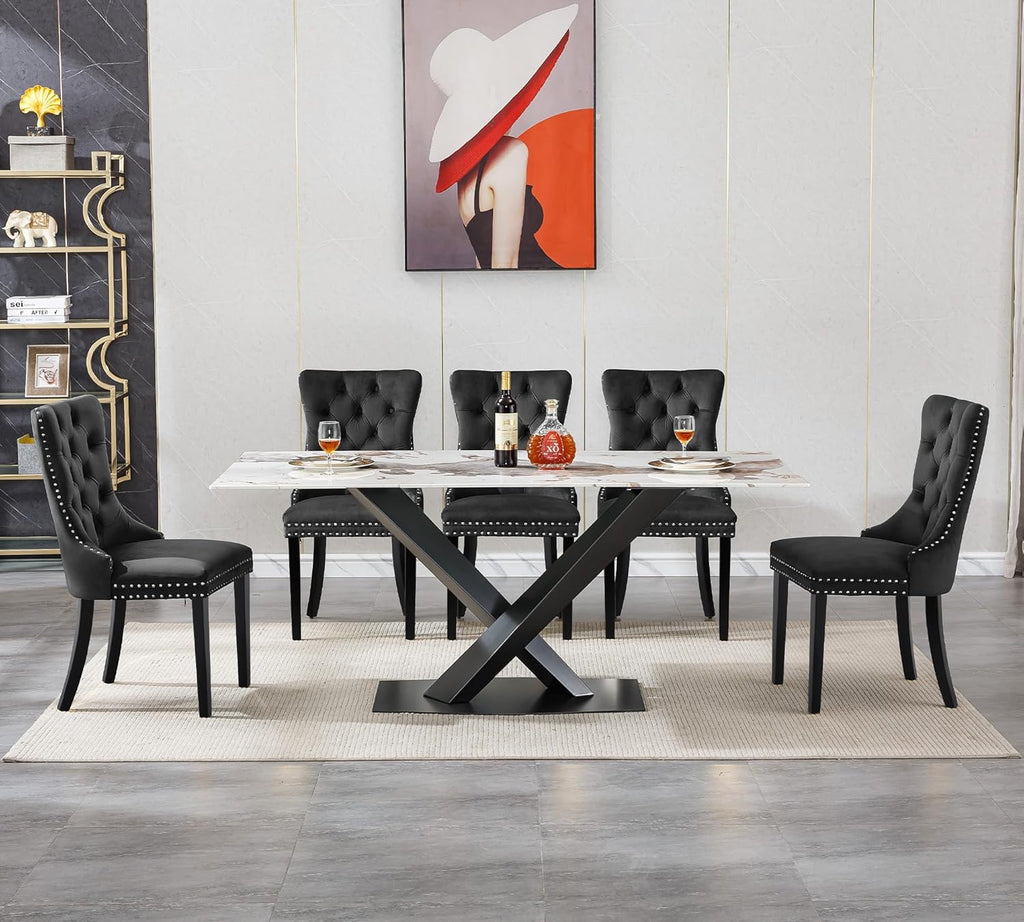 Modern Marble Dining Table, 70" White Kitchen Dining Room Table for 4 6 8 with 0.4" Thick Faux Marble Tabletop and Black Carbon Steel Pedestal,Luxurious Rectangle Large Dinner Table for Dining Room