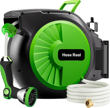 Retractable Garden Hose Reel 100FT x 1/2 in, Wall Mount Water Hose Reel for Outside with Auto Rewind, Tangle-Free