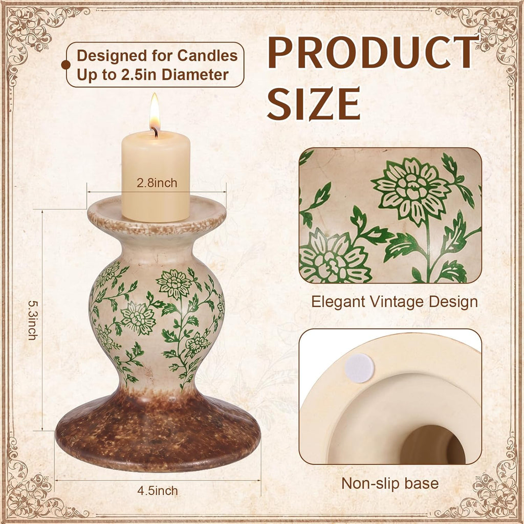 2 Pcs Terracotta Pillar Candle Holders Floral Sculptural Taper Candlestick Rustic Farmhouse Decorative Candleholders