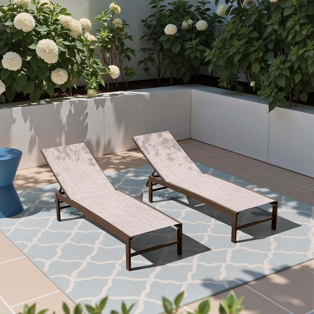 Lounge Chair Outdoor Set of 2, Metal Pool Chaise Lounge Chairs, Adjustable Five-Position Tanning Recliner, All