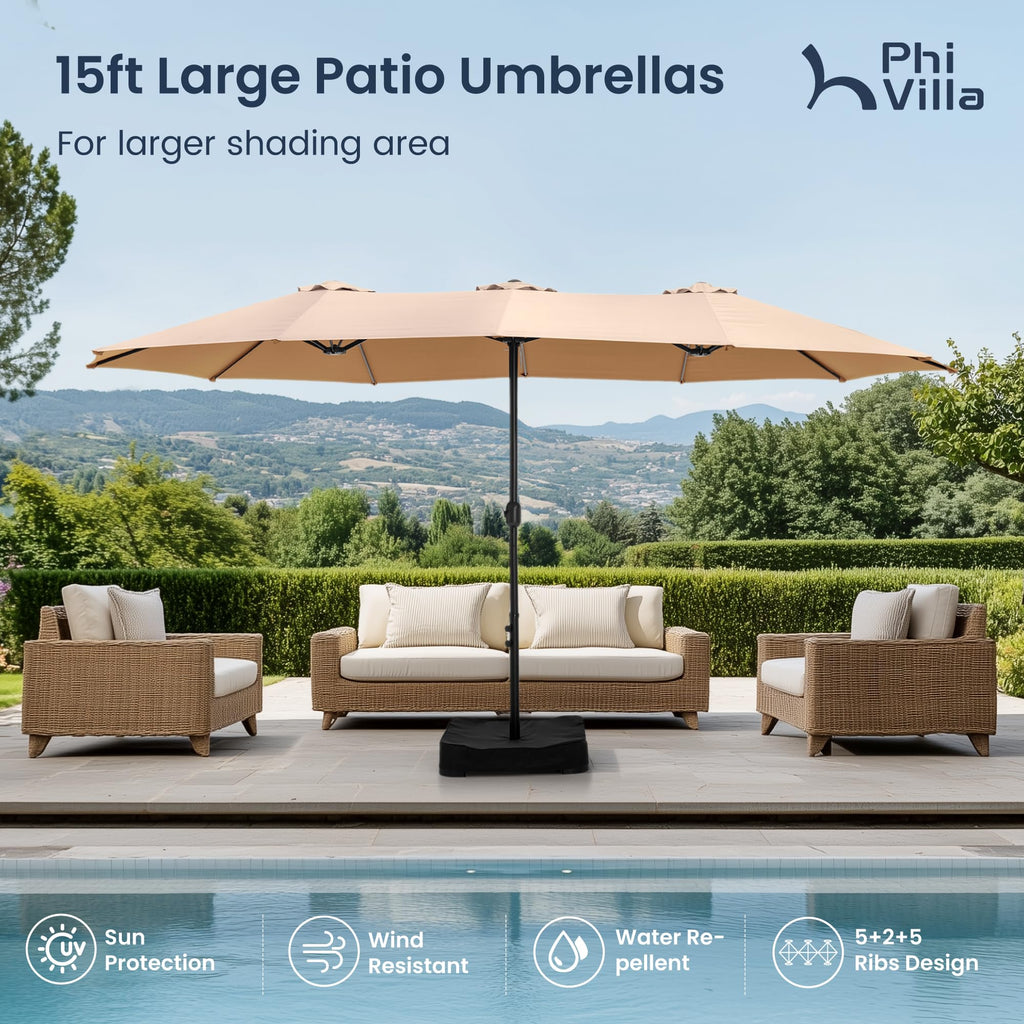 15ft Large Outdoor Patio Umbrella with Base Included, Beige