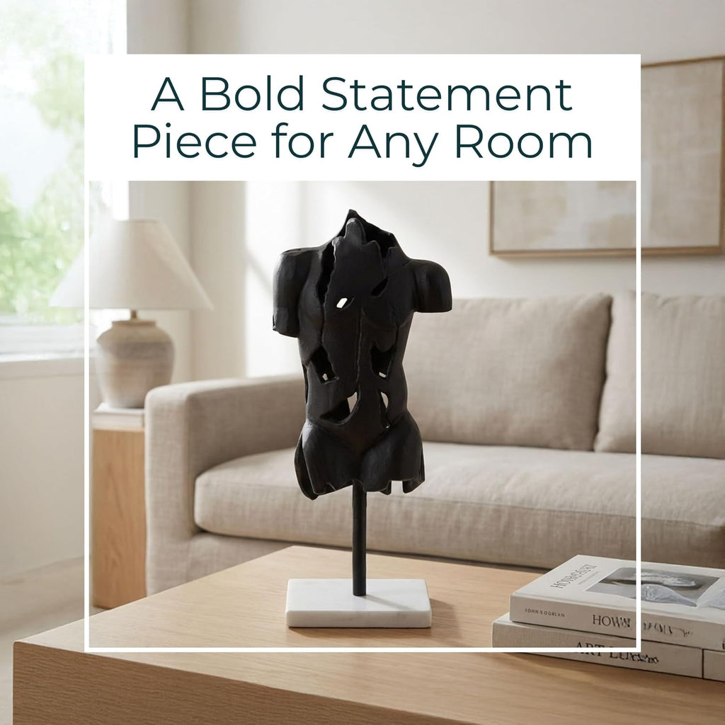 Metal Sculpture Statue - Room Decor Accent for Shelf, Desk, or Entry Placement, Abstract Torso Design on Marble Base