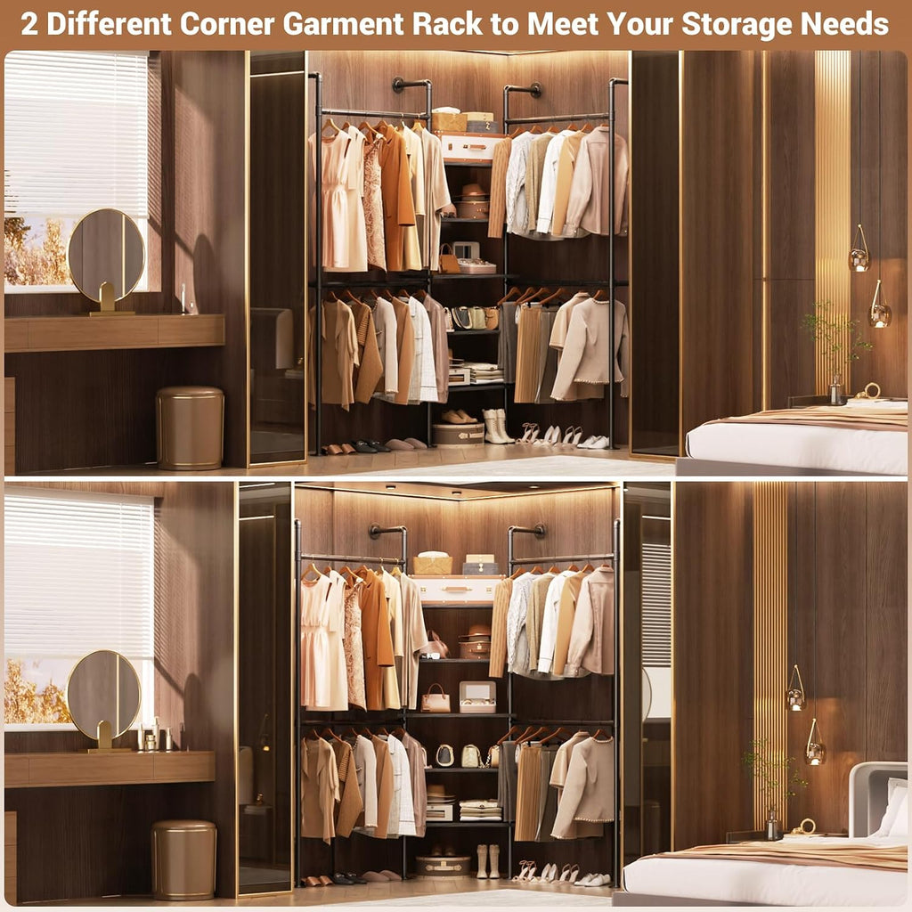 Industrial Pipe Clothing Rack, Reversible 6.42FT Clothes Rack for Hanging Clothes, Heavy Duty 5 Tier Wardrobe Closet