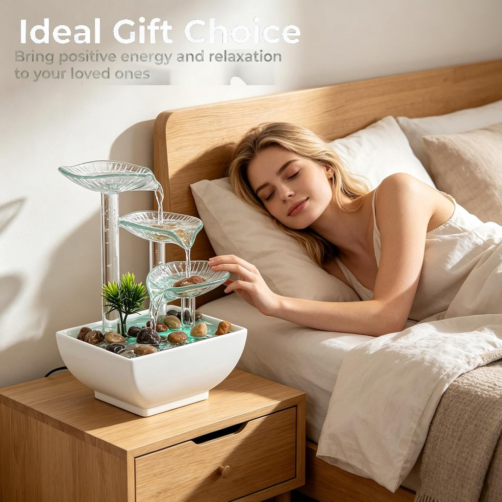 Tabletop Water Fountain,3-Tier Transparent Glass Lotus Leaf Zen Fountain,Indoor Water Feature with LED Bead Bedroom