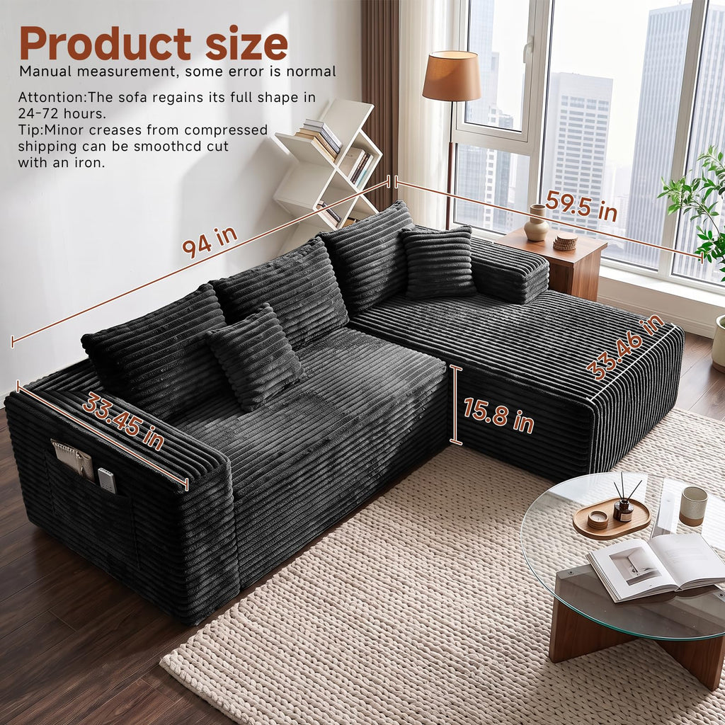 Couch ≈94inch, L-Shaped Sofa, Boneless Couch, with Chaise (Black, 94IN)