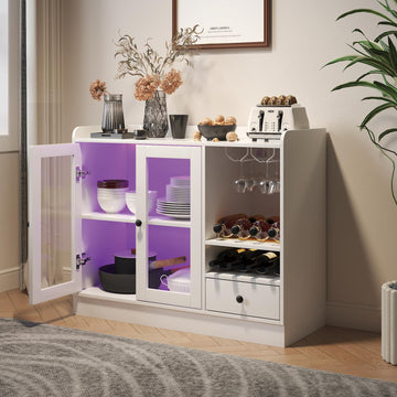 Wine Bar Cabinet with Tempered Acrylic Door & Rack, Freestanding Buffet Sideboard with Glass Holder, Coffee Bar