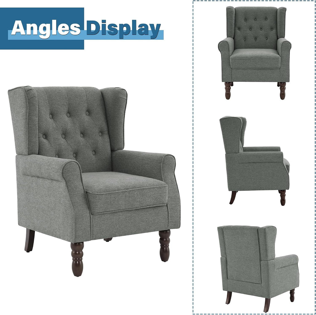 High Back Accent Chair, Tufted Wingback Chair , Grey | Button-Tufted Upholstered Armchair with Solid Wood Legs