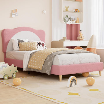 Twin Size Bed Frame for Kids - Cute Velvet Princess Platform Bed with Upholstered Headboard for Girls/Boys, Solid