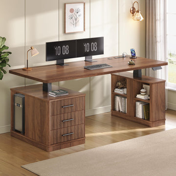 63" Fluted Electric Standing Desk with 3 Drawers, Storage Shelves