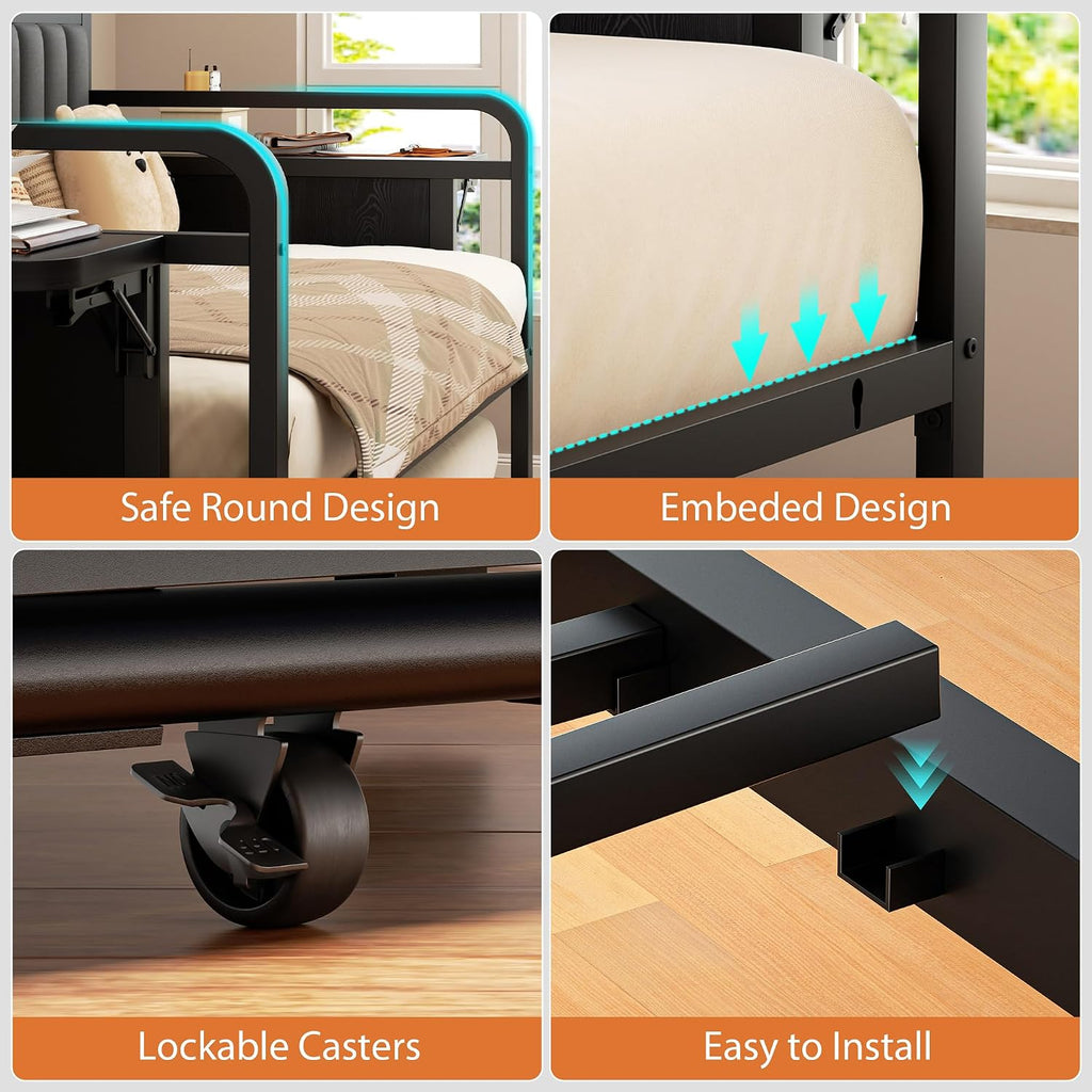 Daybed with Trundle and LED Light, Heavy Duty Metal Twin Bed Frame with Upholstered Storage Headboard & Charging