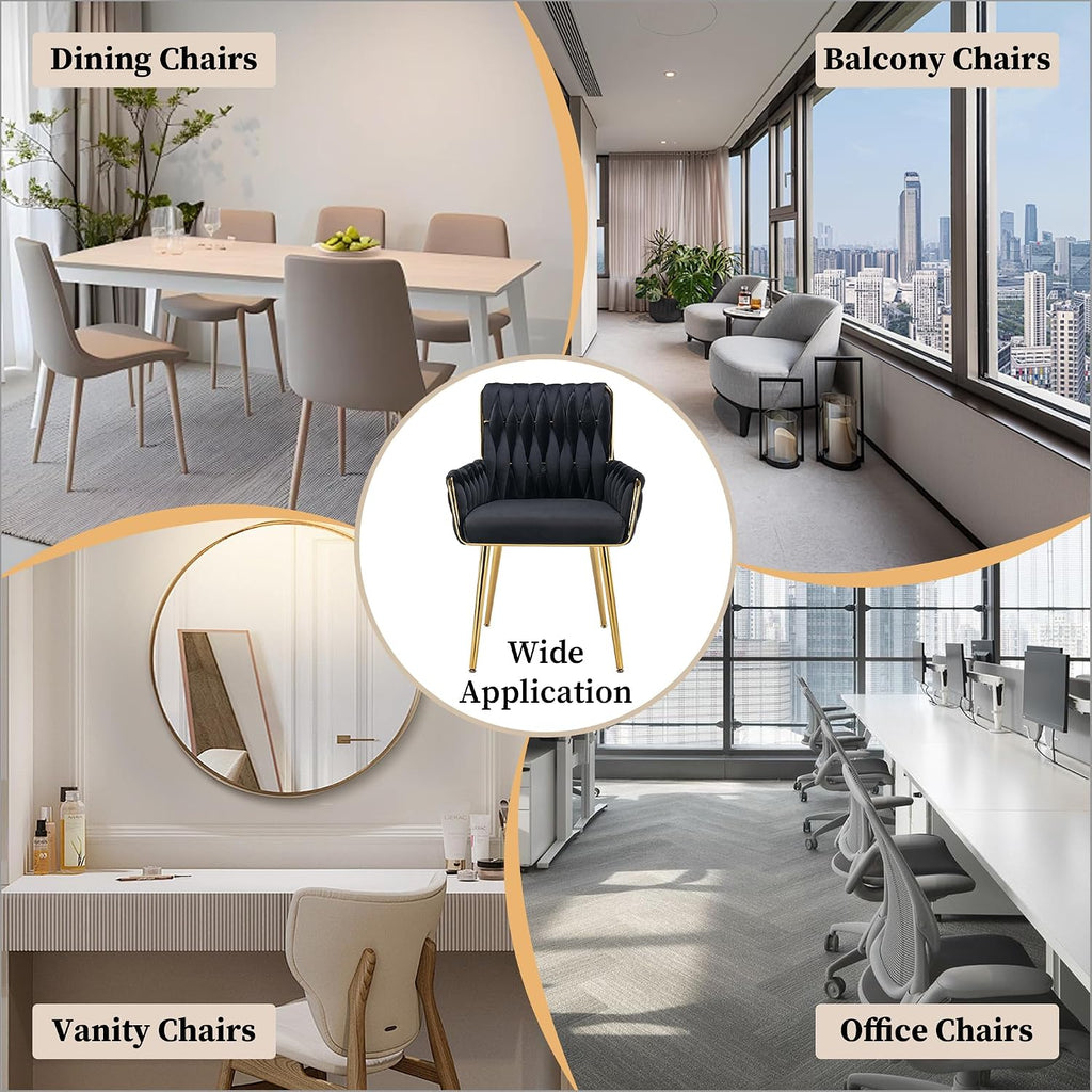 Home Office Desk Chair, Upholstered Hand Weaving Desk Chairs with Golden Metal Legs & Armrest, Modern Accent Chairs