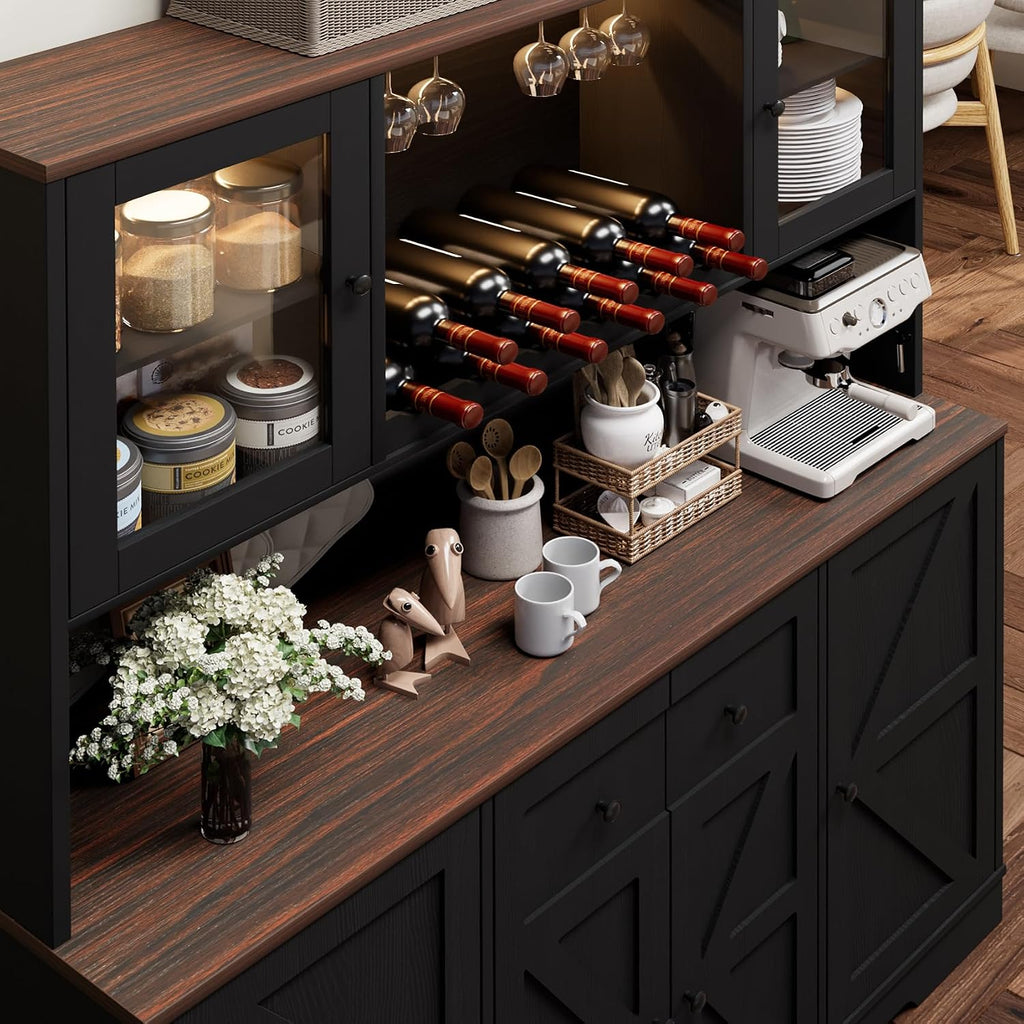 68" Tall Kitchen Pantry Storage Cabinet with Charging Station, 55" Wide Kitchen Hutch Cabinet with Large Countertop