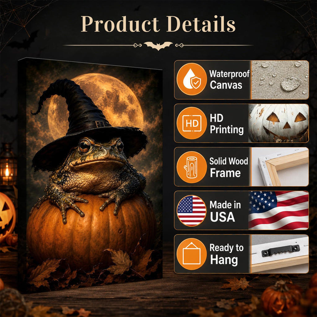 Halloween Frog Witch Canvas Wall Art, Frog on Pumpkin Under Full Moon, Funny Spooky Animal Halloween Decor, Gothic