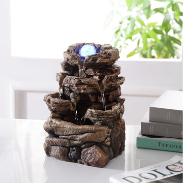 Tabletop Waterfall Fountain with Glass Ball and Color Changing LED - Indoor Decorative Waterfall, Resin Natural