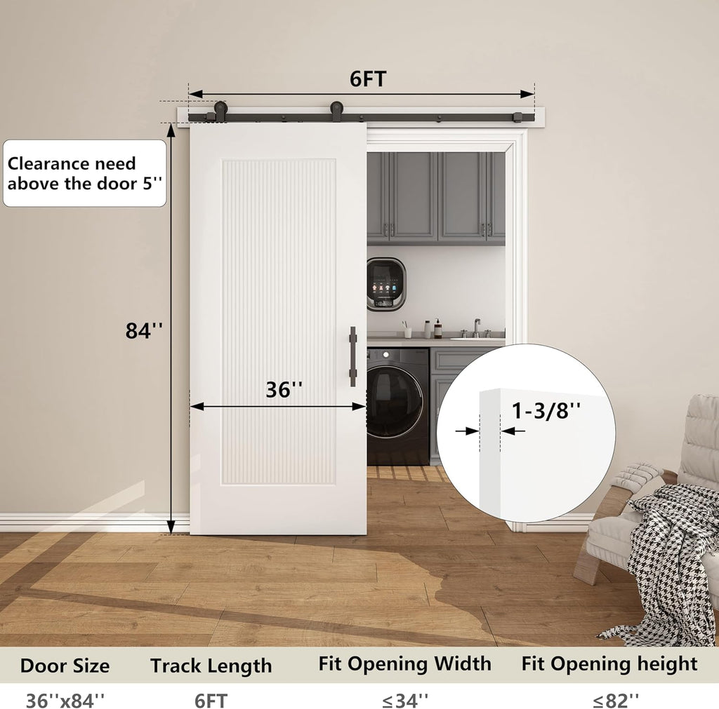 36''x84'' Sliding Barn Door, 1 Panel Reeded White Primed Sliding Closet Door with Matte Black 6FT Ha